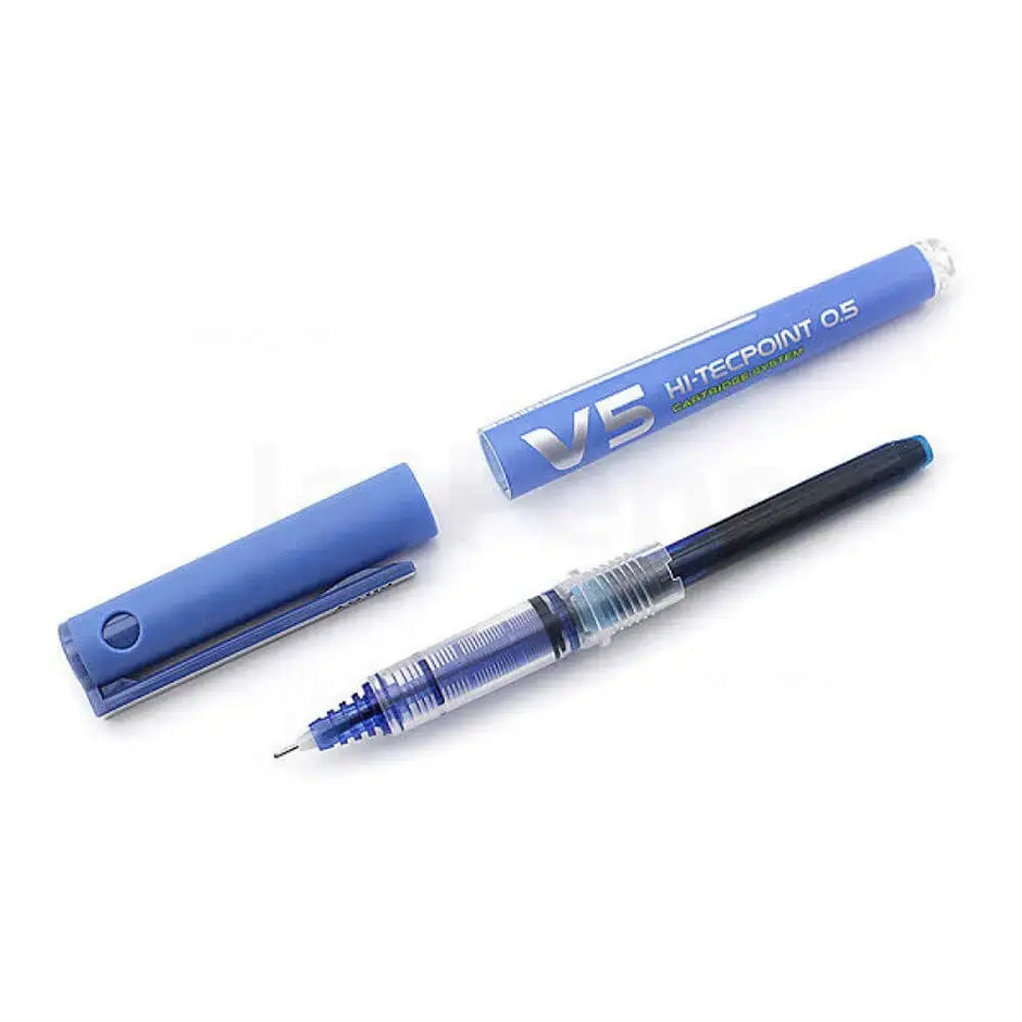 Pilot Hi-Tecpoint V5 Cartridge System 0.5mm Extra Fine Point Roller Ball Pen with cap and ink reservoir.
