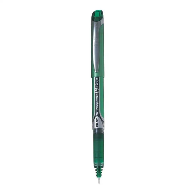 Pilot Hi-Tecpoint V5 Grip 0.5mm Extra Fine Point Pure Liquid Ink Roller Ball Pen with Dimpled Rubber Grip in green color.