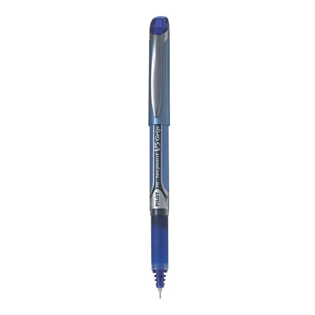 Pilot Hi-Tecpoint V5 Grip 0.5mm Extra Fine Point Pure Liquid Ink Roller Ball Pen with Dimpled Rubber Grip in blue color.