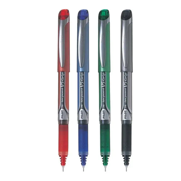 Pilot Hi-Tecpoint V5 Grip 0.5mm Extra Fine Point Pure Liquid Ink Roller Ball Pen with Dimpled Rubber Grip in multiple colors.
