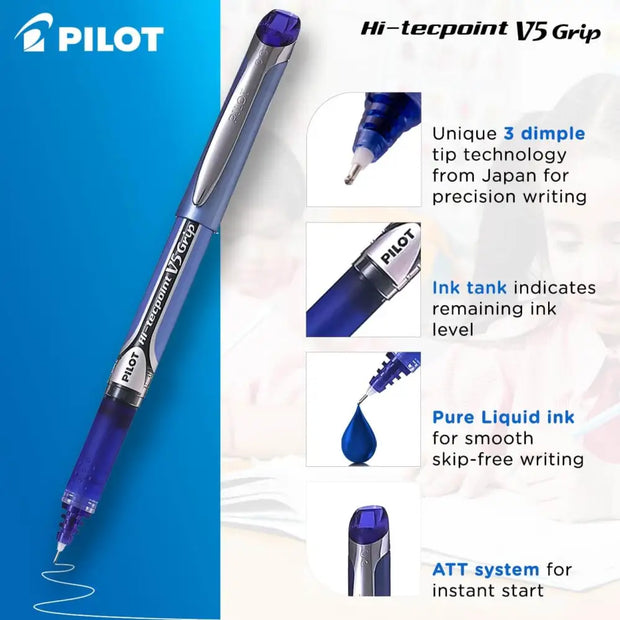 Pilot Hi-Tecpoint V5 Grip 0.5mm Extra Fine Point Pure Liquid Ink Roller Ball Pen with Dimpled Rubber Grip overview image.