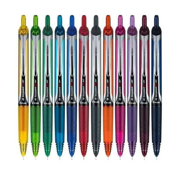 Pilot Hi-Tecpoint V5 RT 0.5mm Extra Fine Point Pure Liquid Ink Retractable Roller Ball Pen with Dimpled Rubber Grip in various colors.