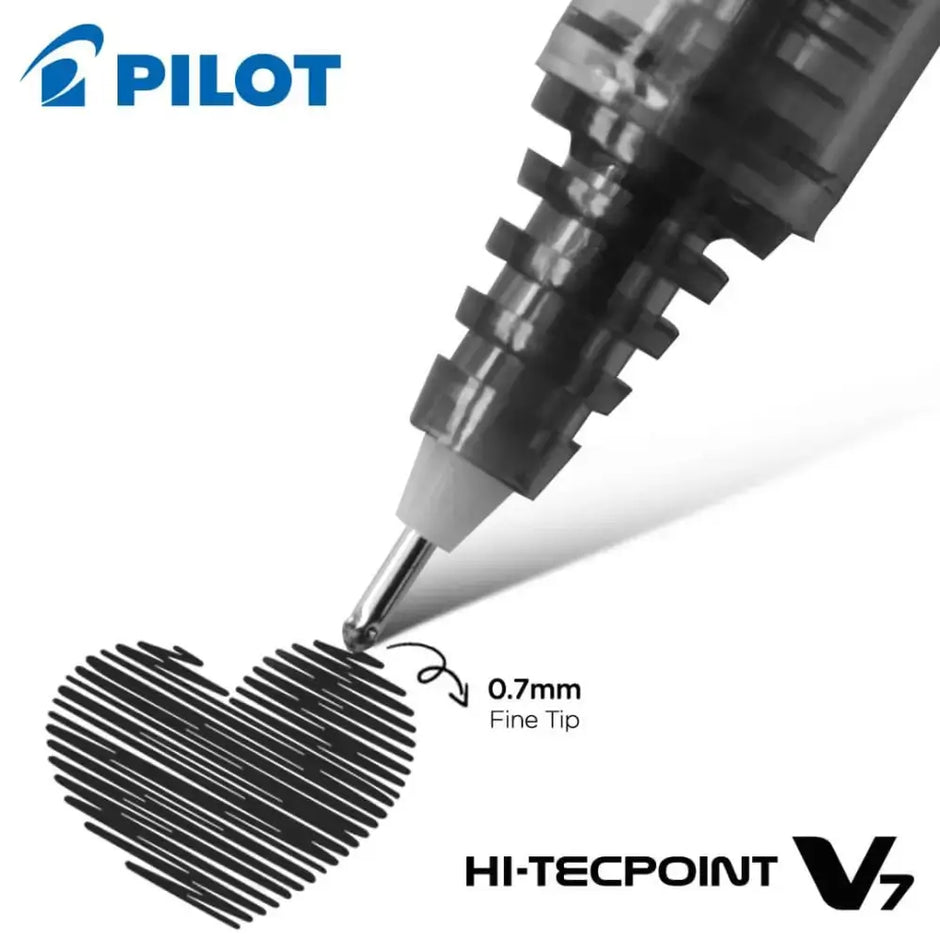 Pilot Hi-Tecpoint V7 0.7mm Fine Point Pure Liquid Ink Roller Ball Pen with fine tip creating precise lines.