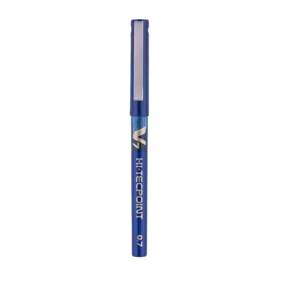Pilot Hi-Tecpoint V7 0.7mm Fine Point Pure Liquid Ink Roller Ball Pen in blue color with cap.