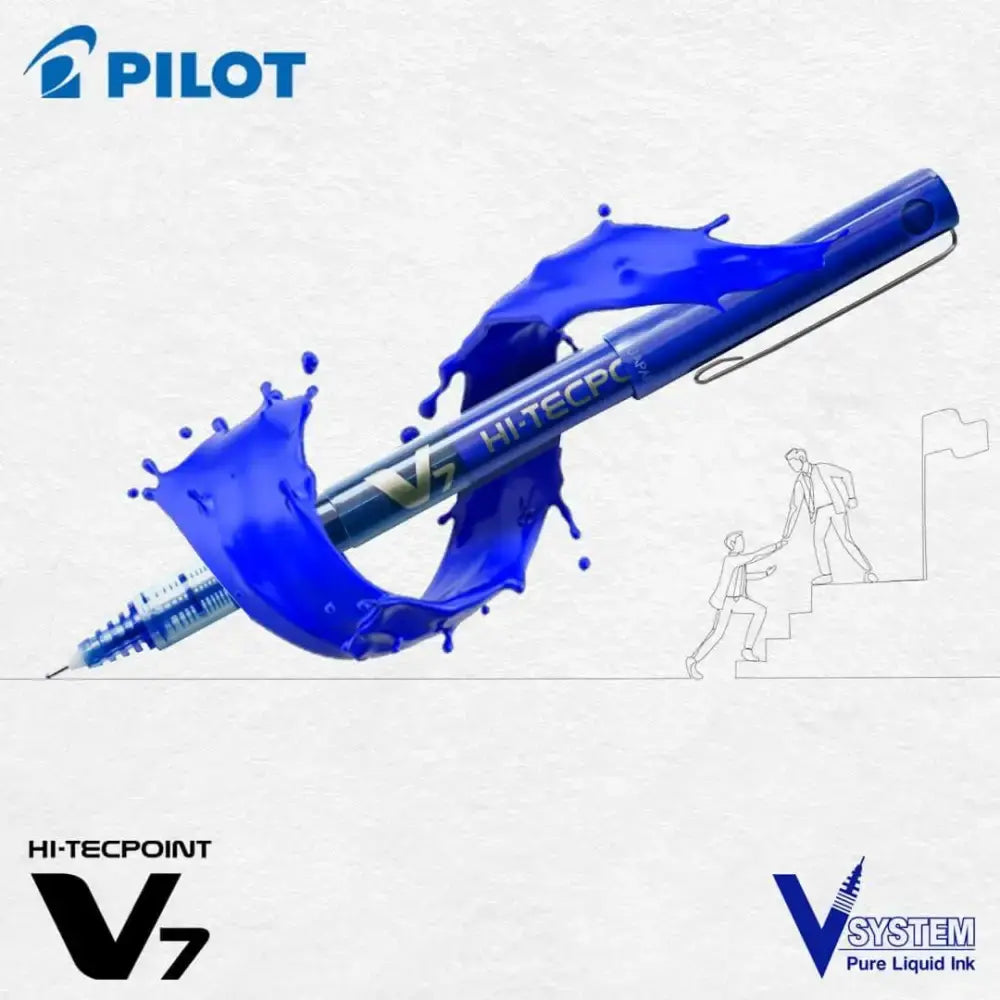 Pilot Hi-Tecpoint V7 0.7mm Fine Point Pure Liquid Ink Roller Ball Pen with blue ink splash effect.