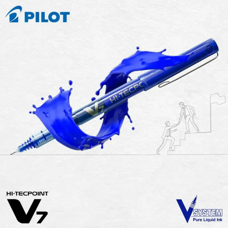 Pilot Hi-Tecpoint V7 0.7mm Fine Point Pure Liquid Ink Roller Ball Pen with blue ink splash effect.