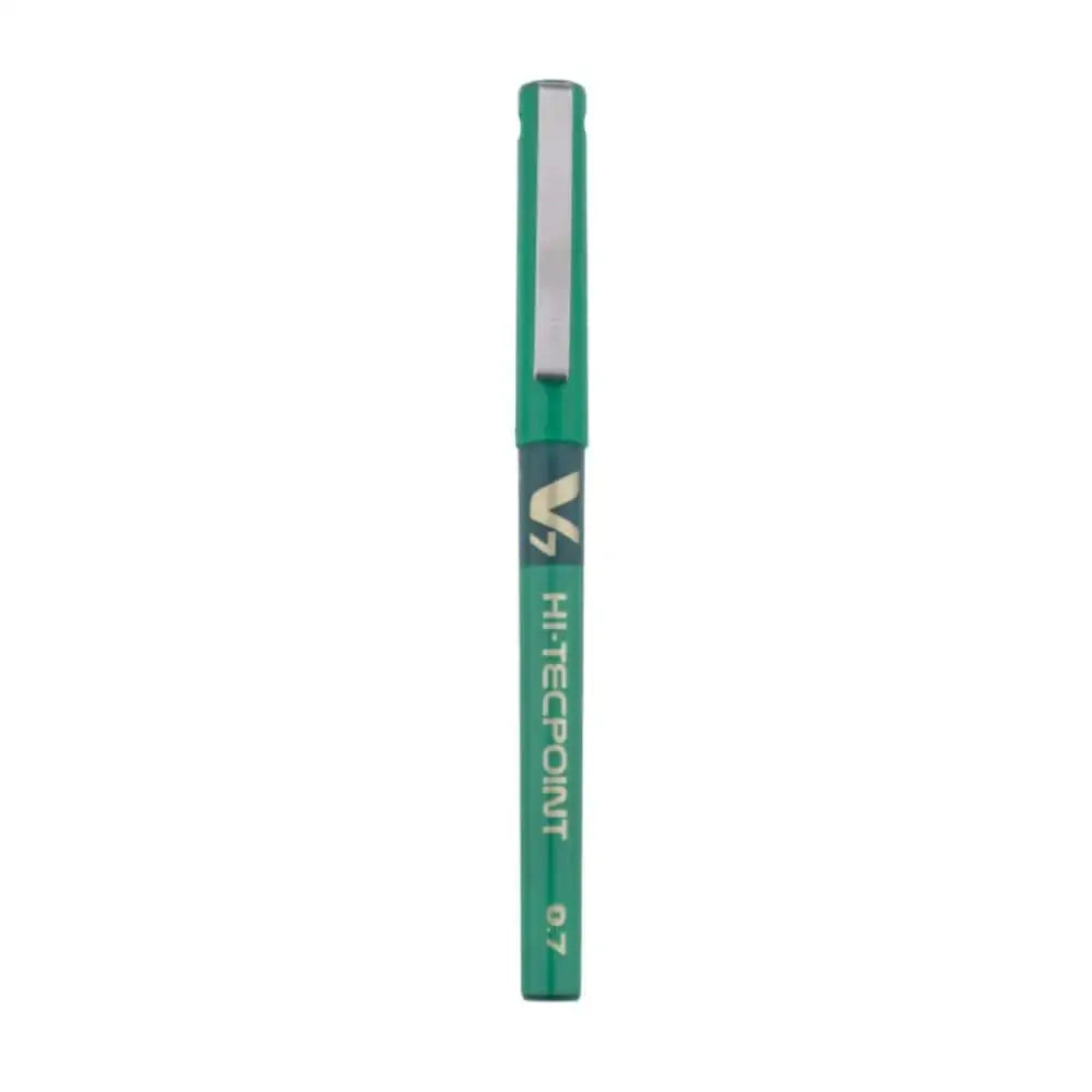 Pilot Hi-Tecpoint V7 0.7mm Fine Point Pure Liquid Ink Roller Ball Pen in green color.