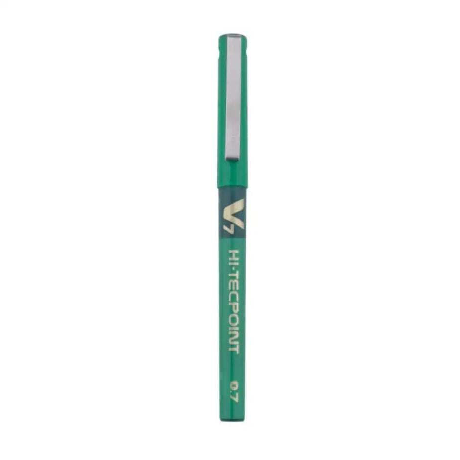 Pilot Hi-Tecpoint V7 0.7mm Fine Point Pure Liquid Ink Roller Ball Pen in green color.