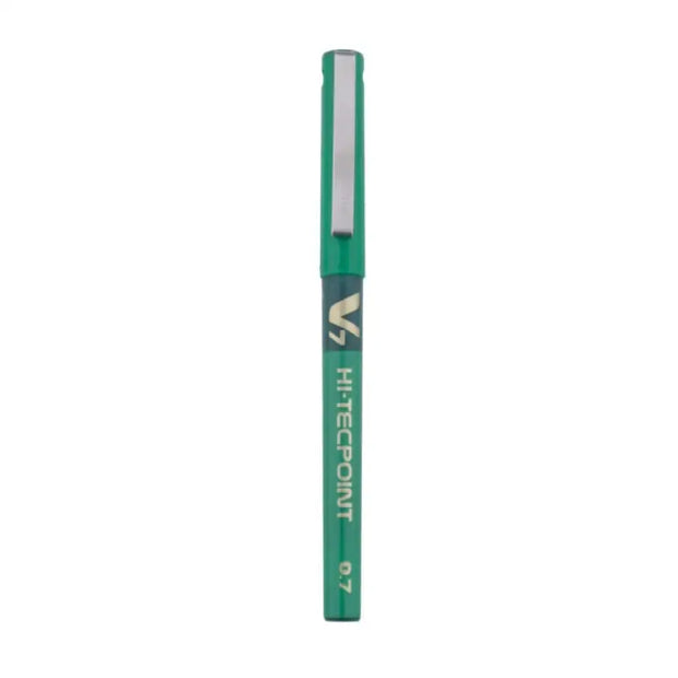 Pilot Hi-Tecpoint V7 0.7mm Fine Point Pure Liquid Ink Roller Ball Pen in green color.