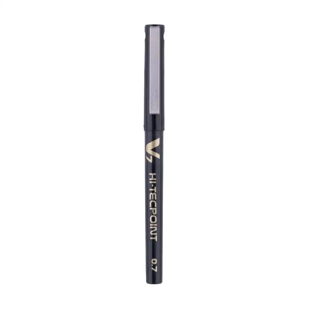 Pilot Hi-Tecpoint V7 0.7mm Fine Point Pure Liquid Ink Roller Ball Pen in black color with a sleek design.