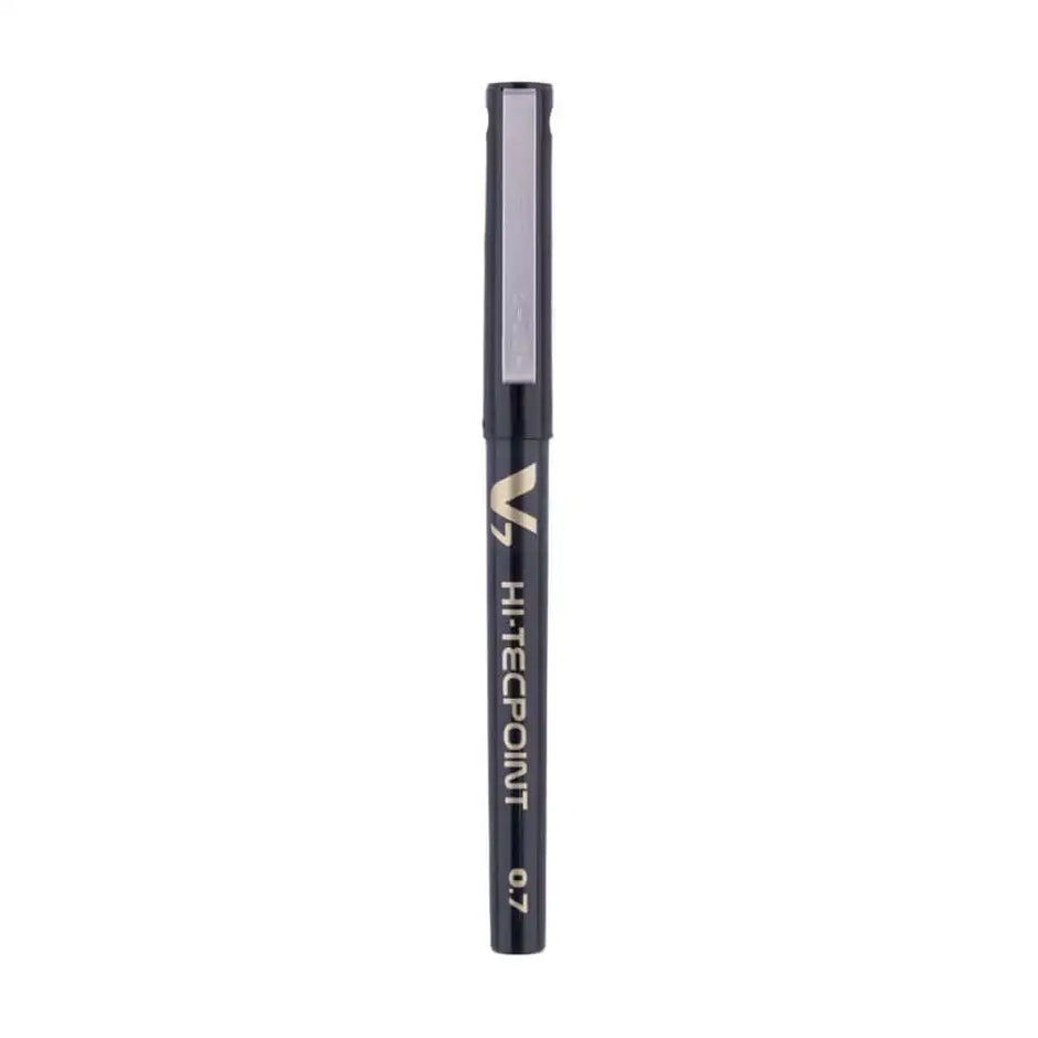 Pilot Hi-Tecpoint V7 0.7mm Fine Point Pure Liquid Ink Roller Ball Pen in black color with a sleek design.