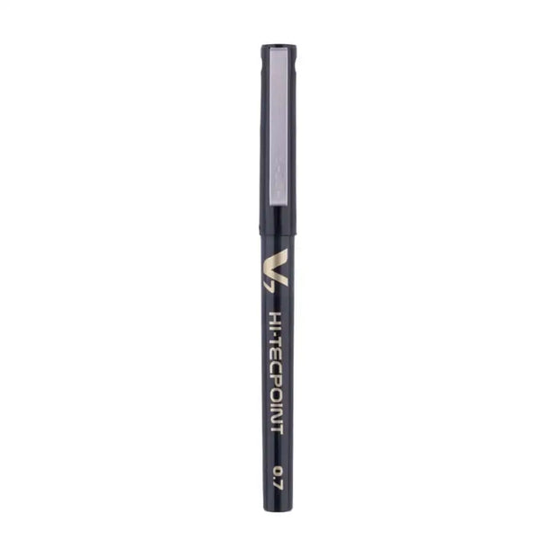 Pilot Hi-Tecpoint V7 0.7mm Fine Point Pure Liquid Ink Roller Ball Pen in black color with a sleek design.