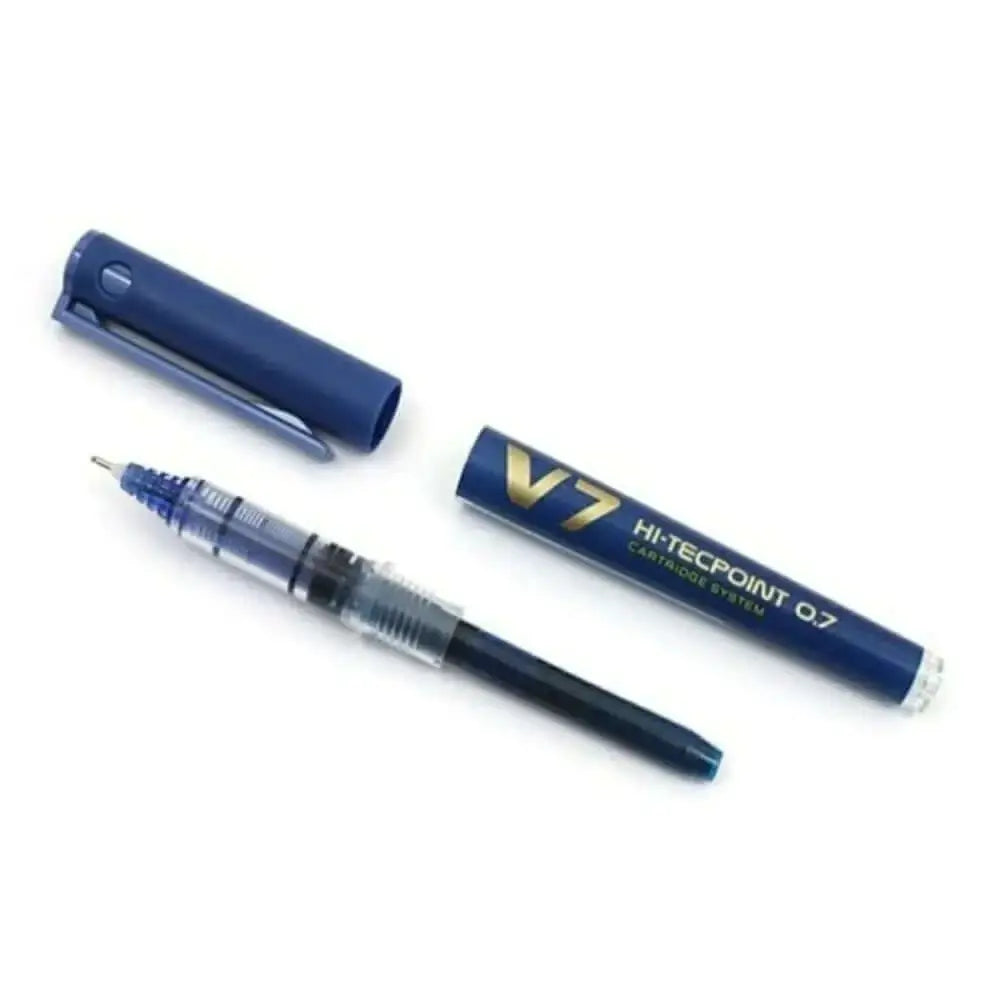 Pilot Hi-Tecpoint V7 Cartridge System 0.7mm Fine Point Roller Ball Pen with cap and visible ink reservoir.