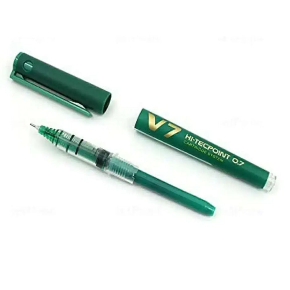 Pilot Hi-Tecpoint V7 Cartridge System 0.7mm Fine Point Roller Ball Pen and cap in green color.