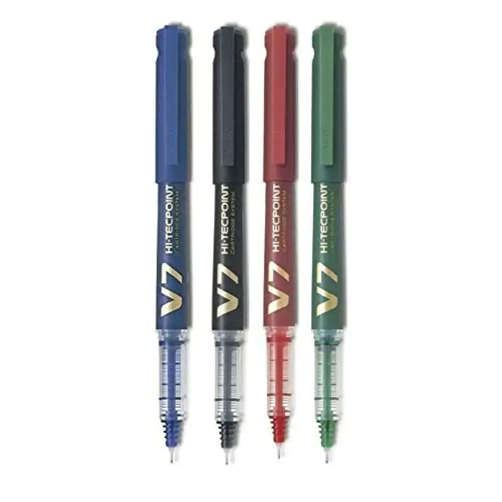 Pilot Hi-Tecpoint V7 Cartridge System 0.7mm Fine Point Roller Ball Pen in blue, black, red, and green colors.