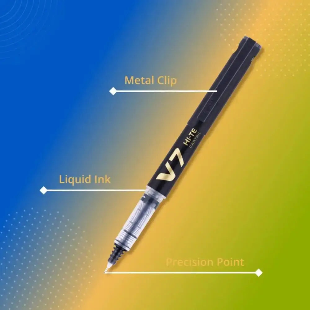 Pilot Hi-Tecpoint V7 Cartridge System 0.7mm Fine Point Roller Ball Pen with metal clip and liquid ink.