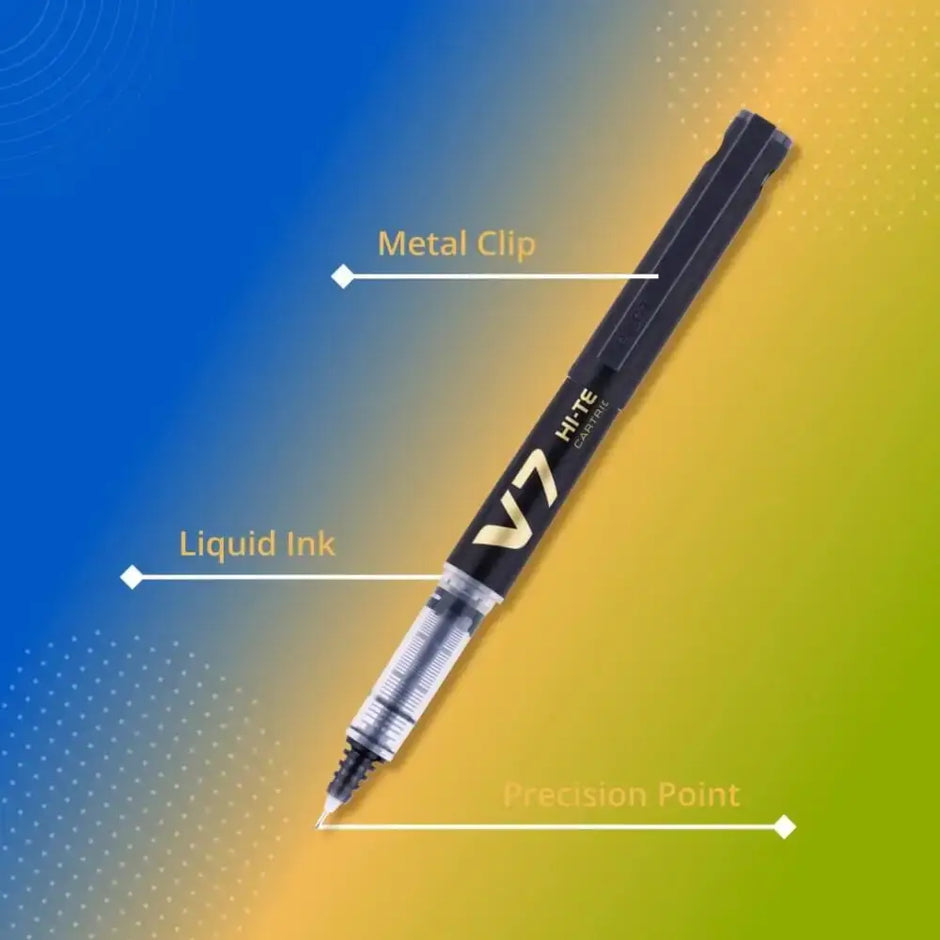 Pilot Hi-Tecpoint V7 Cartridge System 0.7mm Fine Point Roller Ball Pen with metal clip and liquid ink.