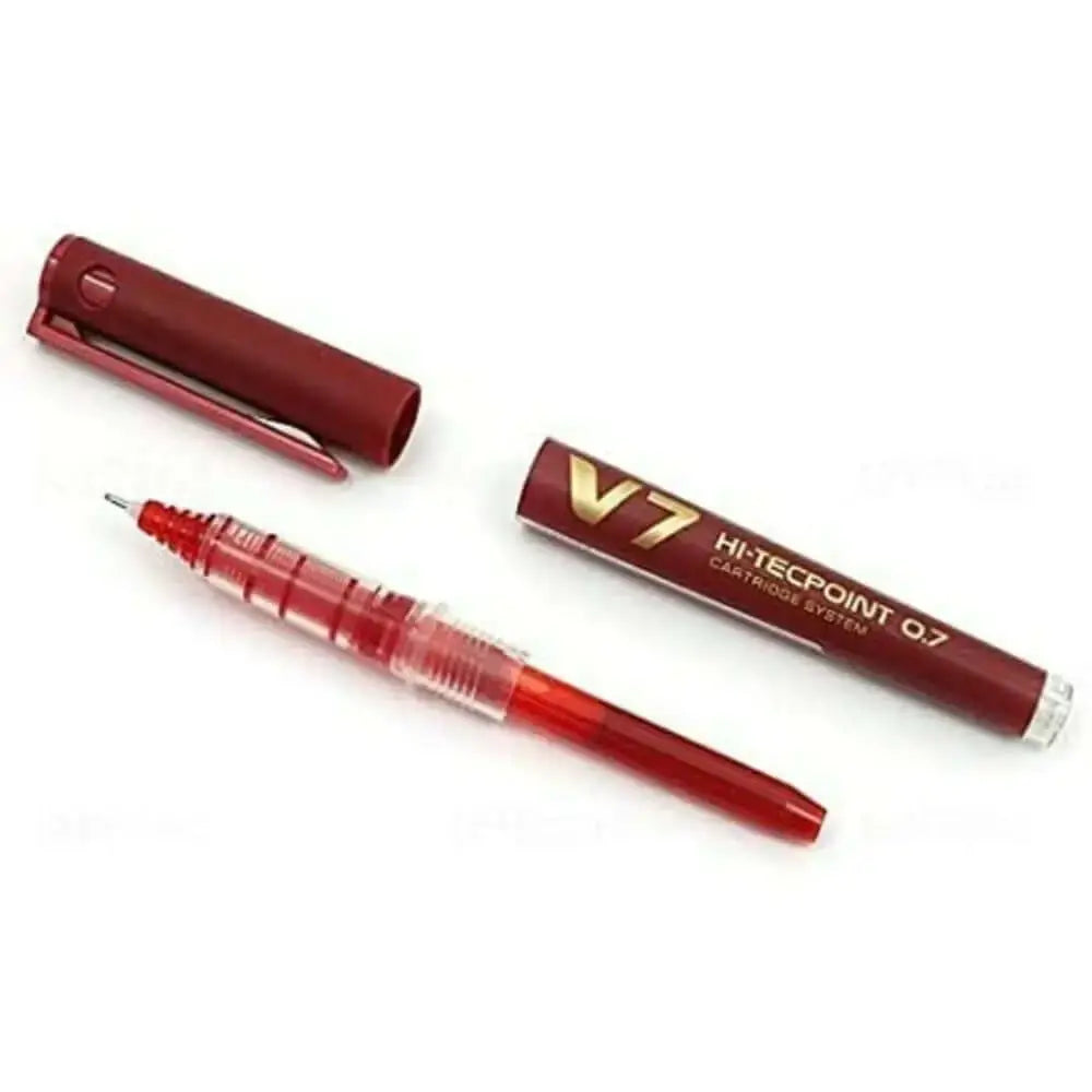 Pilot Hi-Tecpoint V7 Cartridge System 0.7mm Fine Point Roller Ball Pen with ink reservoir and cap.