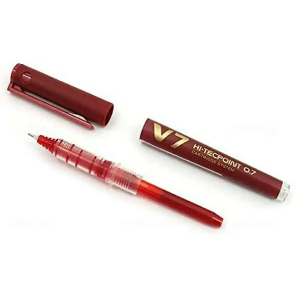 Pilot Hi-Tecpoint V7 Cartridge System 0.7mm Fine Point Roller Ball Pen with ink reservoir and cap.