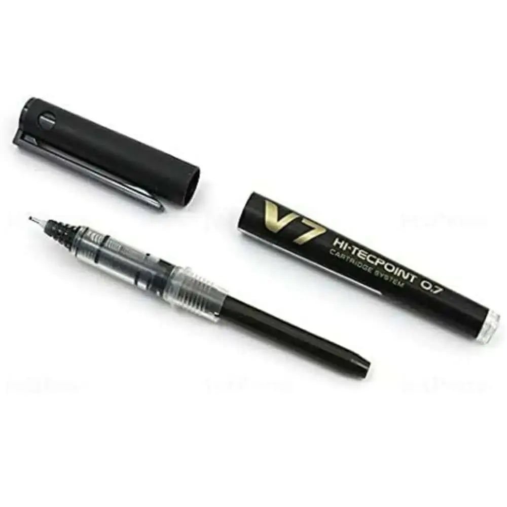 Pilot Hi-Tecpoint V7 Cartridge System 0.7mm Fine Point Roller Ball Pen and its components.