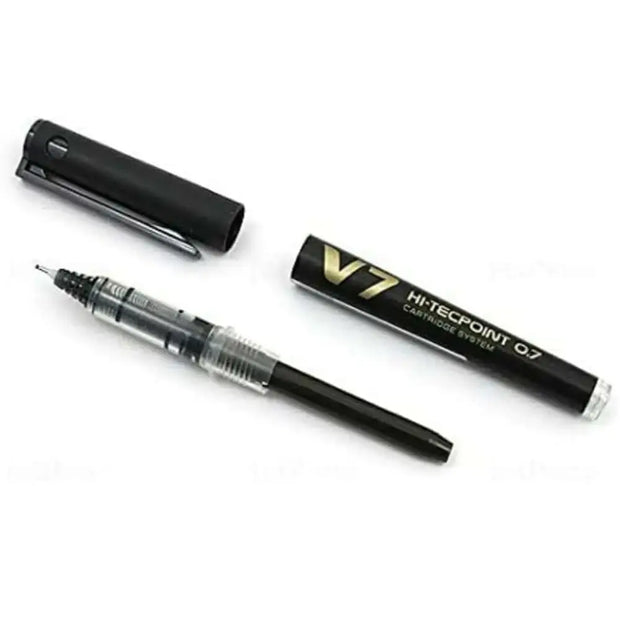Pilot Hi-Tecpoint V7 Cartridge System 0.7mm Fine Point Roller Ball Pen and its components.