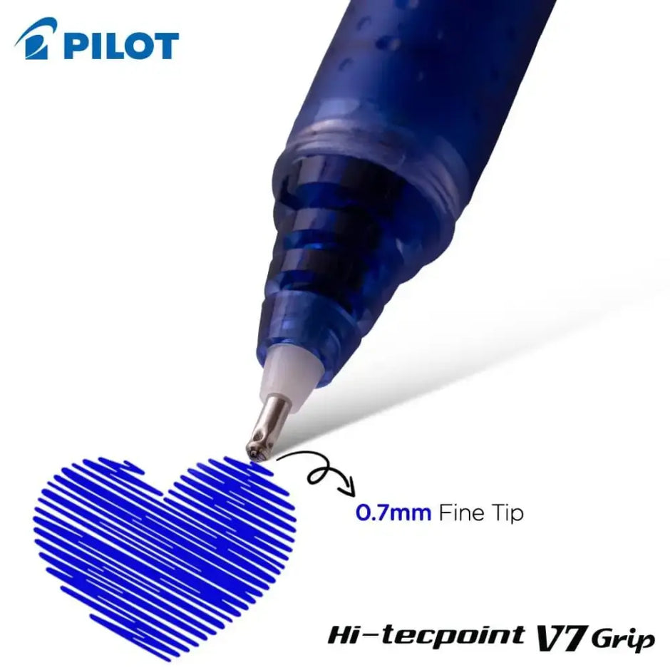 Pilot Hi-Tecpoint V7 Grip 0.7mm Fine Point Pure Liquid Ink Roller Ball Pen with Dimpled Rubber Grip drawing a heart.