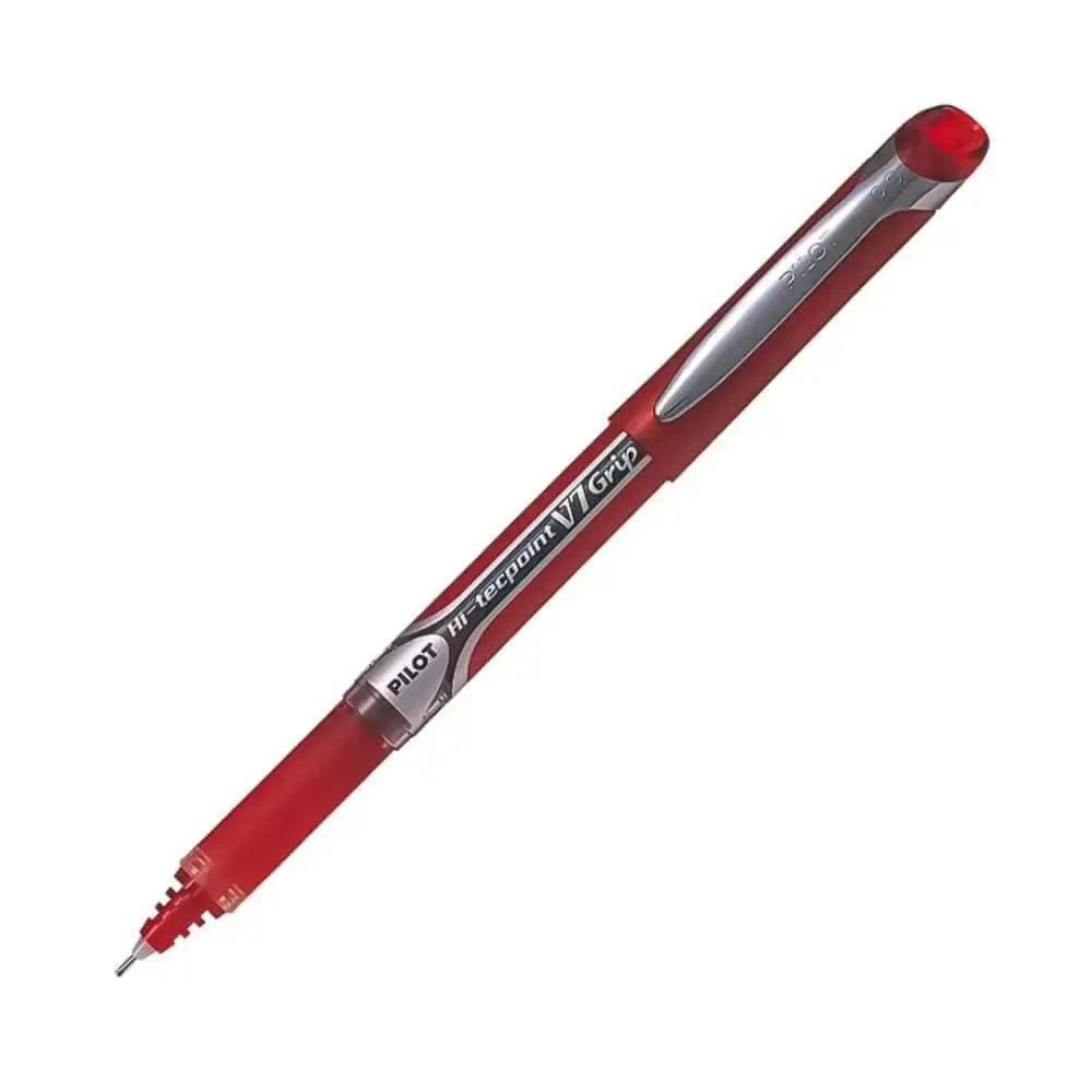 Pilot Hi-Tecpoint V7 Grip 0.7mm Fine Point Pure Liquid Ink Roller Ball Pen with Dimpled Rubber Grip in red.