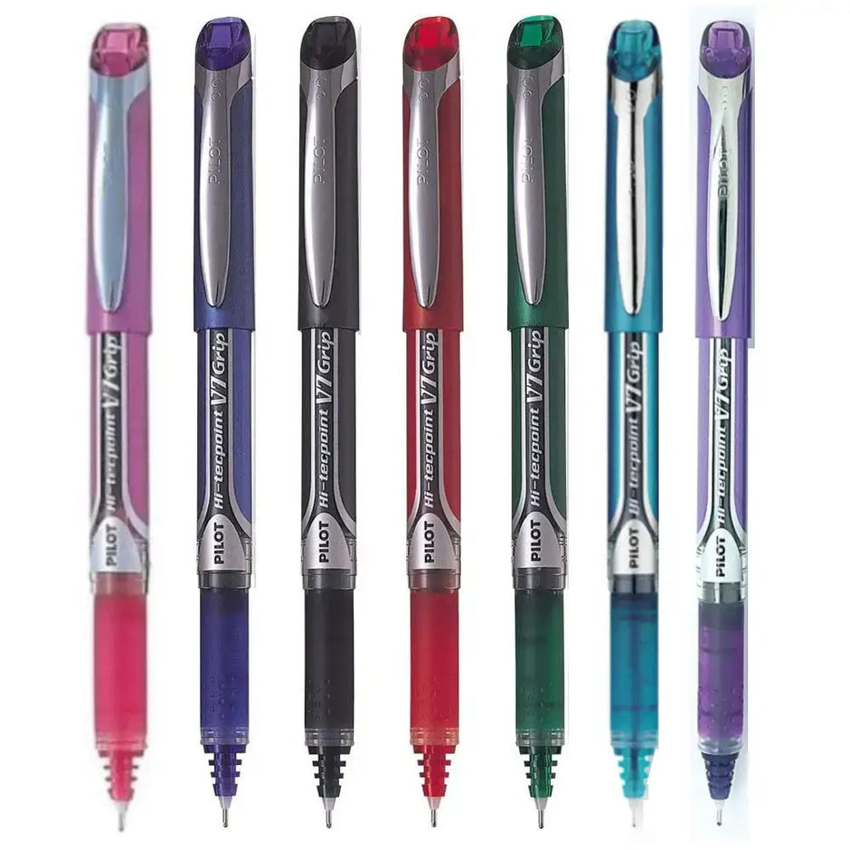 Pilot Hi-Tecpoint V7 Grip 0.7mm Fine Point Pure Liquid Ink Roller Ball Pen with Dimpled Rubber Grip assortment of colors.