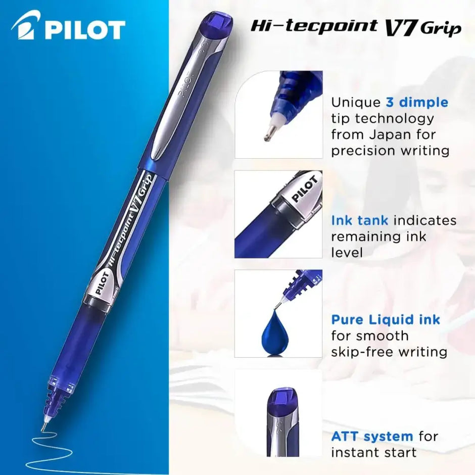 Pilot Hi-Tecpoint V7 Grip 0.7mm Fine Point Pure Liquid Ink Roller Ball Pen with Dimpled Rubber Grip features.