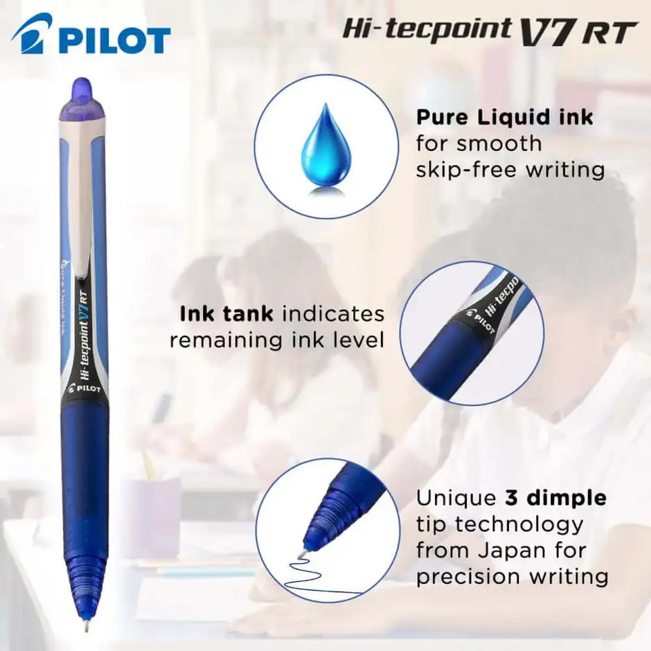 Pilot Hi-Tecpoint V7 RT 0.7mm Fine Point Pure Liquid Ink Retractable Roller Ball Pen with Dimpled Rubber Grip features