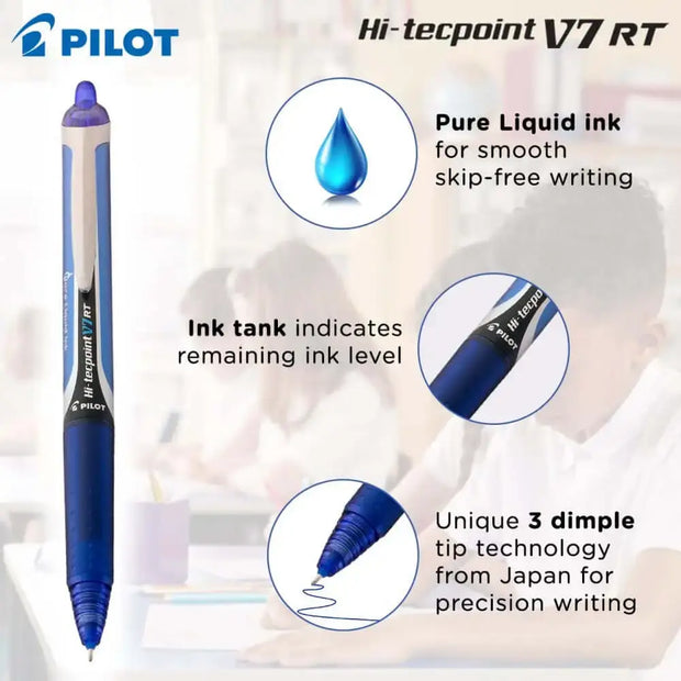 Pilot Hi-Tecpoint V7 RT 0.7mm Fine Point Pure Liquid Ink Retractable Roller Ball Pen with Dimpled Rubber Grip features