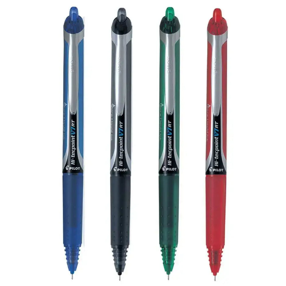 Pilot Hi-Tecpoint V7 RT 0.7mm Fine Point Pure Liquid Ink Retractable Roller Ball Pen with Dimpled Rubber Grip assortment of colors.