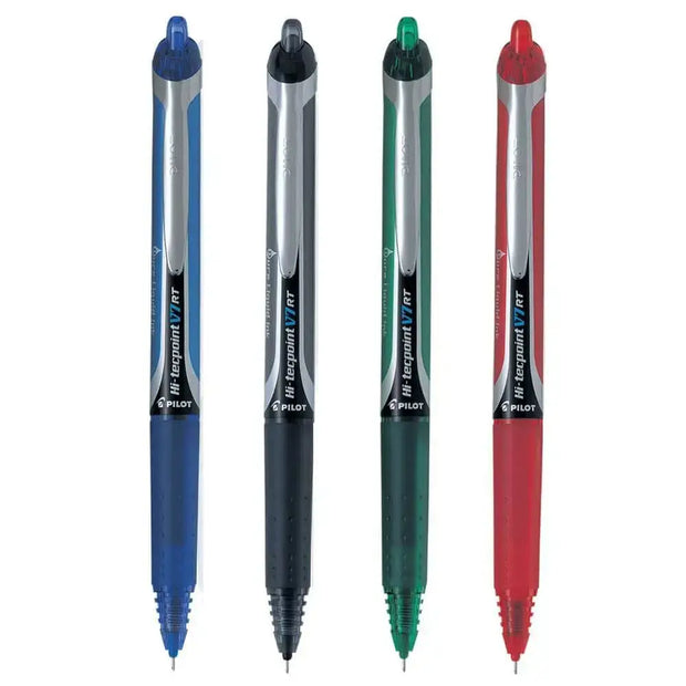 Pilot Hi-Tecpoint V7 RT 0.7mm Fine Point Pure Liquid Ink Retractable Roller Ball Pen with Dimpled Rubber Grip assortment of colors.