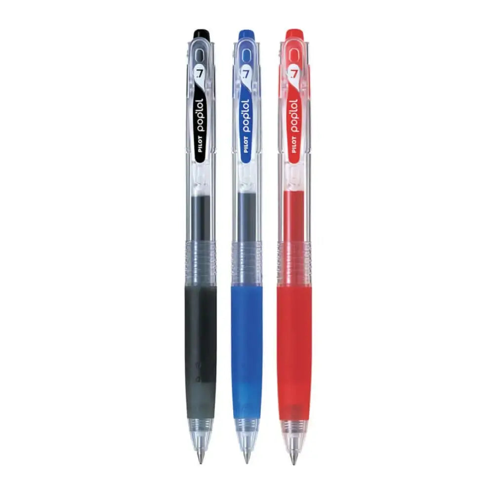Pilot Pop'lol Retractable Roller Ball Pen 0.7MM in black, blue, and red colors.