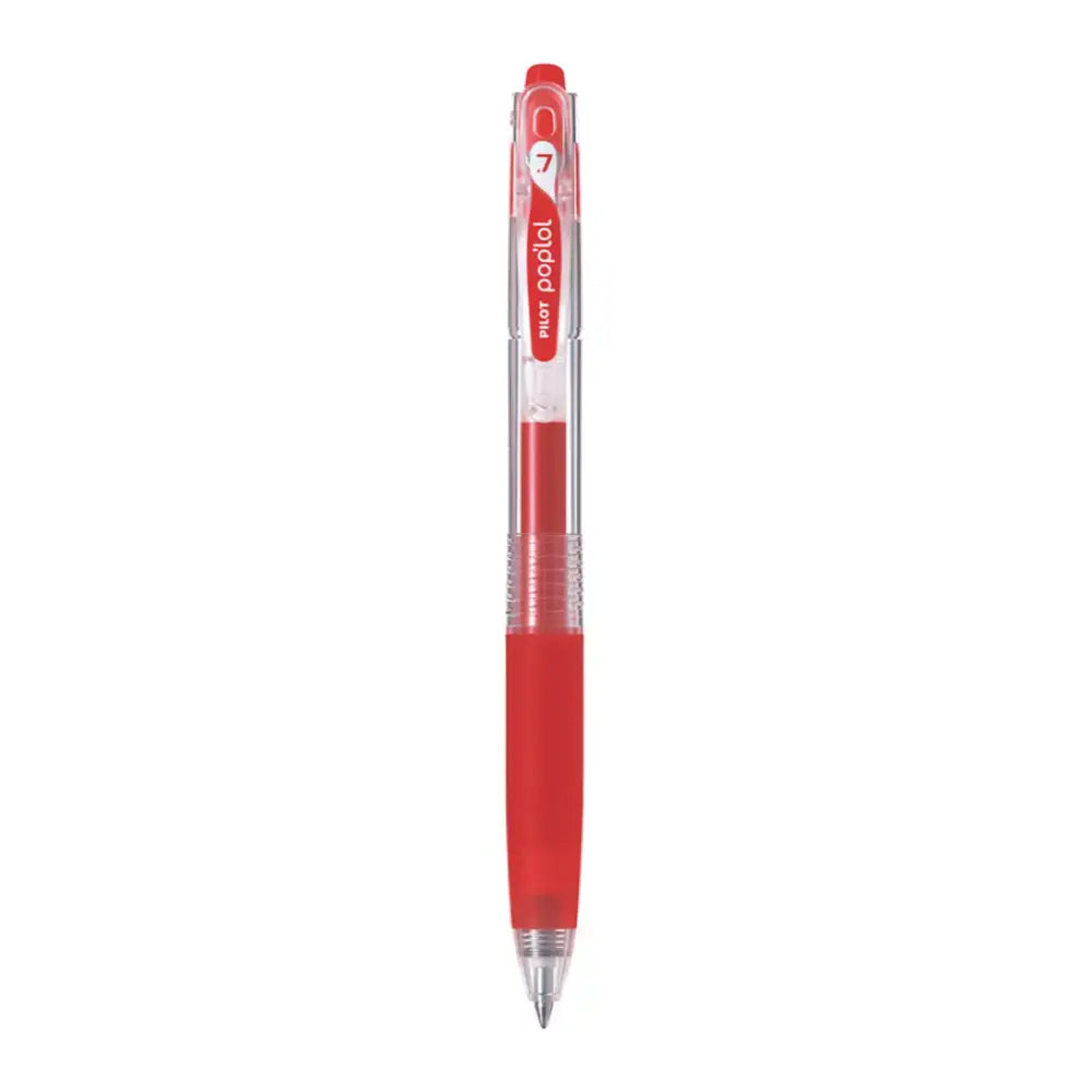 Pilot Pop'lol Retractable Roller Ball Pen 0.7MM in red color with transparent barrel and pocket clip.