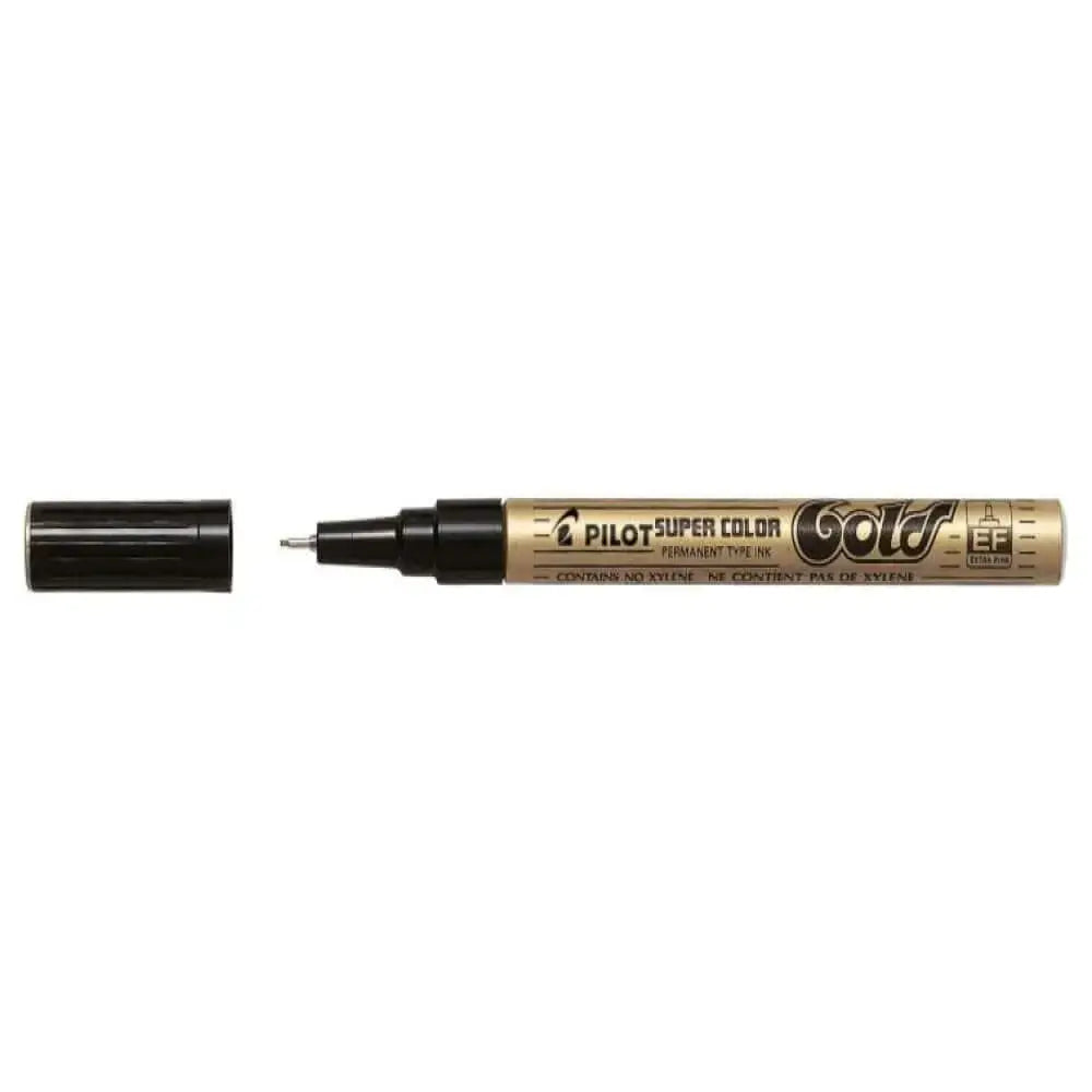 Pilot Super Color Metallic Permanent Marker in gold with cap removed and fine tip exposed.