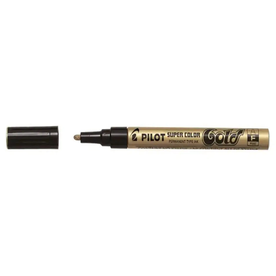 Pilot Super Color Metallic Permanent Marker featuring a gold tip and black cap, ideal for bright, glossy designs.