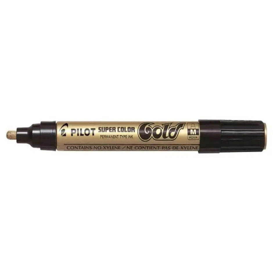 Pilot Super Color Metallic Permanent Marker in gold color with a medium tip.