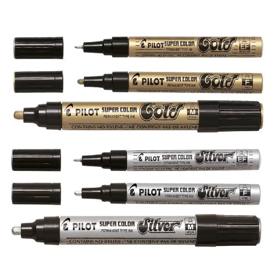 Pilot Super Color Metallic Permanent Marker set featuring gold and silver markers on a white background.