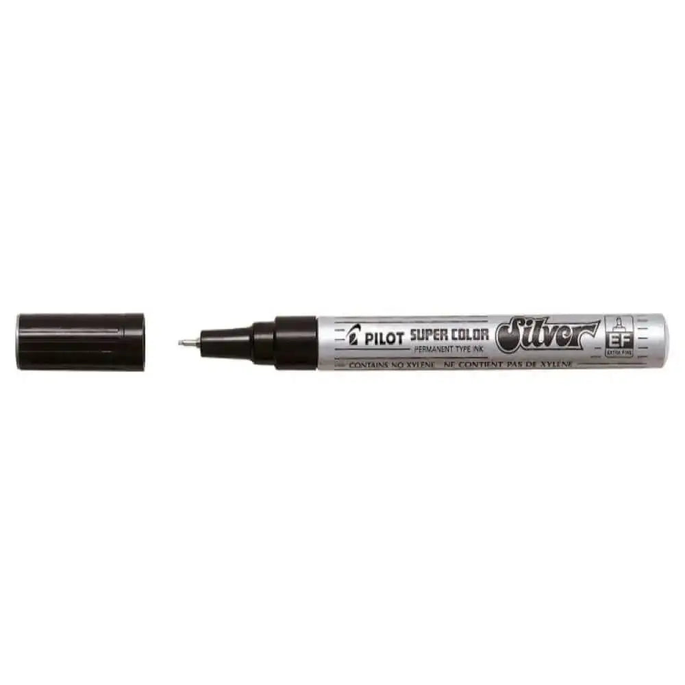 Pilot Super Color Metallic Permanent Marker in silver with cap removed, showcasing glossy ink for vibrant writing.