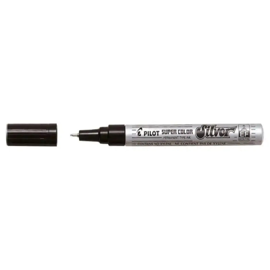 Pilot Super Color Metallic Permanent Marker in silver with cap removed, showcasing glossy ink for vibrant writing.