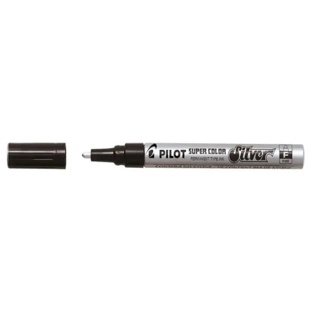 Pilot Super Color Metallic Permanent Marker in silver color with cap off, ideal for various surfaces.