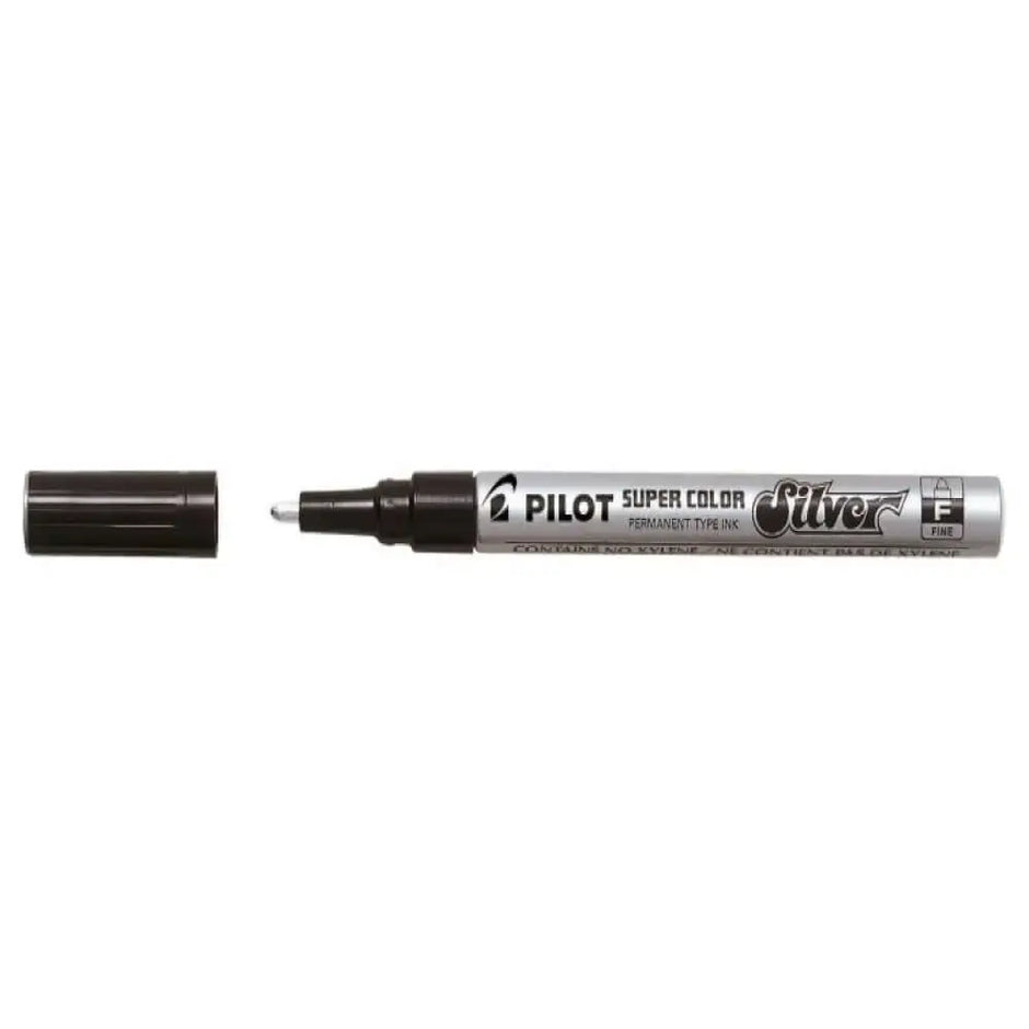 Pilot Super Color Metallic Permanent Marker in silver color with cap off, ideal for various surfaces.