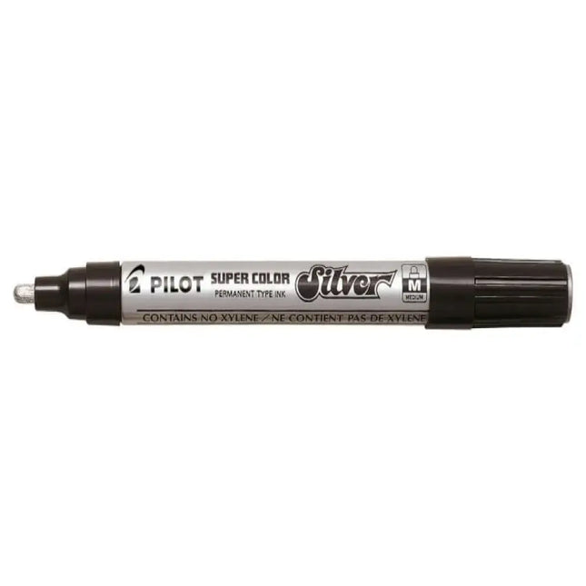 Pilot Super Color Metallic Permanent Marker in silver, ideal for writing on various surfaces with glossy, opaque ink.