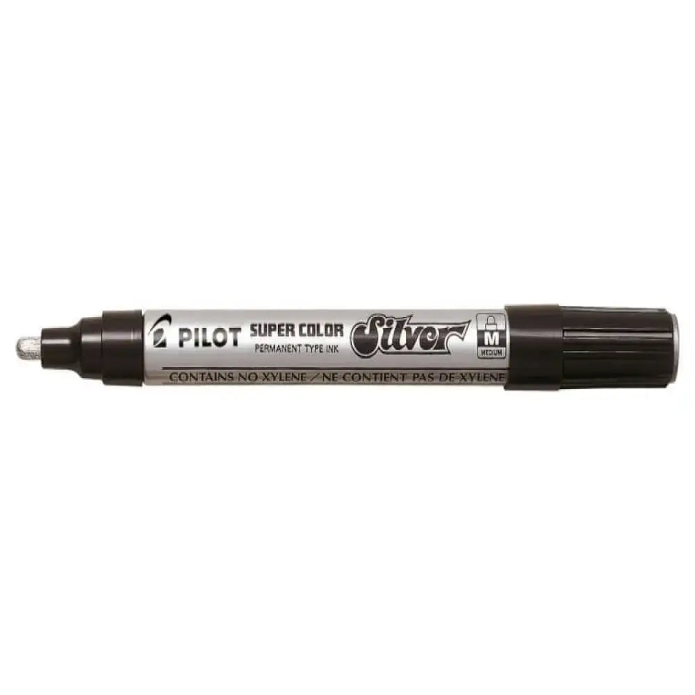 Pilot Super Color Metallic Permanent Marker in silver, ideal for writing on various surfaces with glossy, opaque ink.