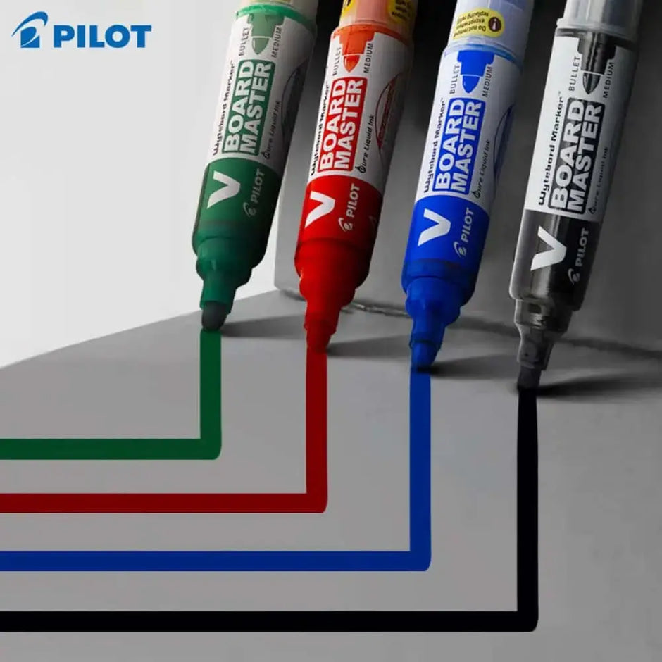 Pilot V Board Master Medium Bullet Tip White Board Marker with Replacable Tip & Ink Cartridge in multiple colors on a surface.