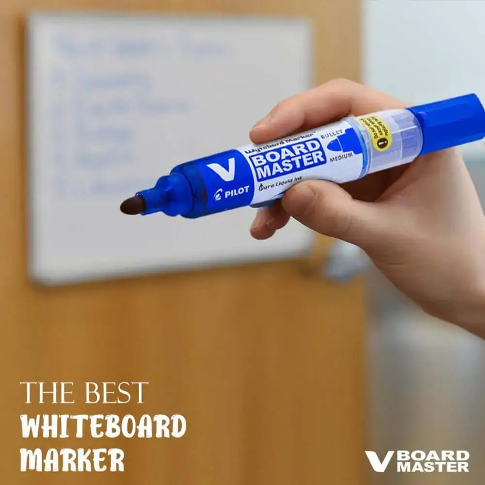 Pilot V Board Master Medium Bullet Tip White Board Marker with Replacable Tip & Ink Cartridge being used on a whiteboard.