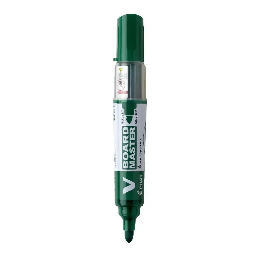 Pilot V Board Master Medium Bullet Tip White Board Marker with Replacable Tip & Ink Cartridge in green color.