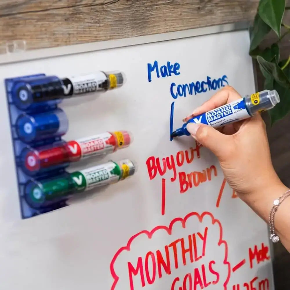 Pilot V Board Master Medium Bullet Tip White Board Marker with Replacable Tip & Ink Cartridge in use on whiteboard.