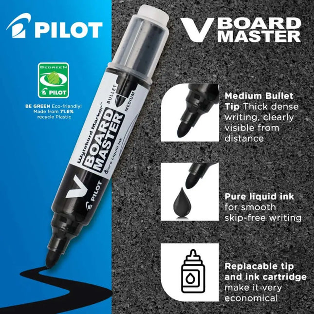 Pilot V Board Master Medium Bullet Tip White Board Marker with Replacable Tip & Ink Cartridge - White Board Marker
